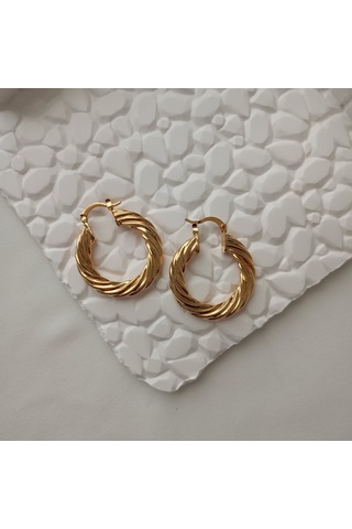 Lente Aksesuar Gold Çelik Işıltılı Çizgili Model Vintage Kadın Halka Küpe Altın