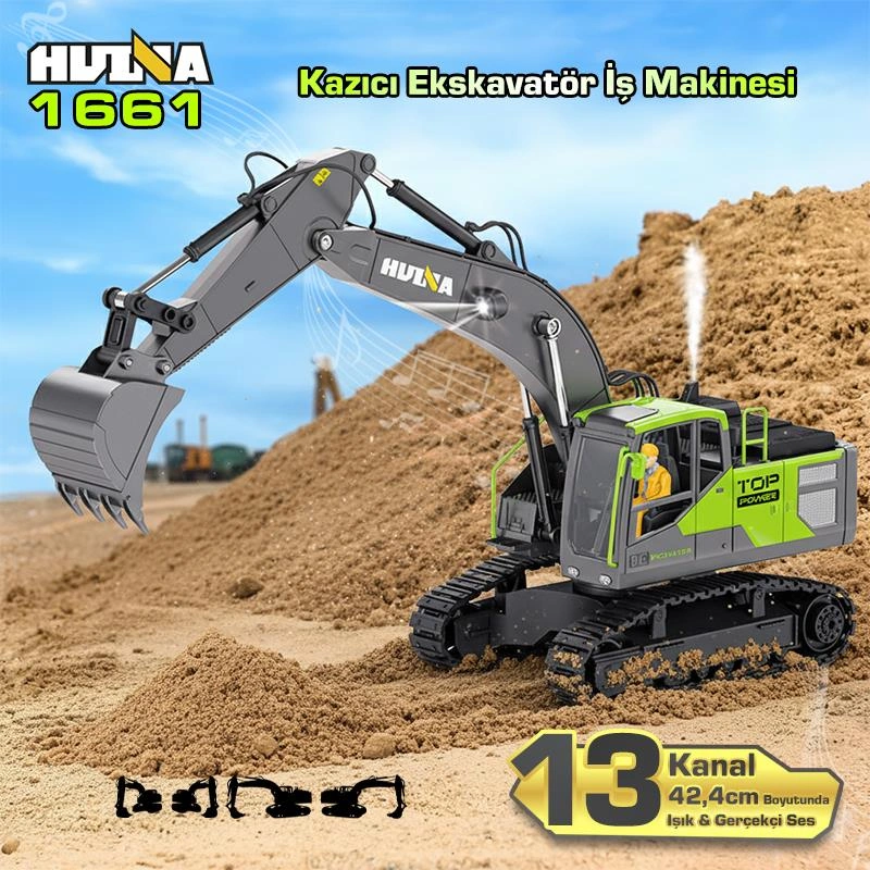 Huına 1661 1/18 13ch Kazıcı Ekskavatör İş Makinesi İnşaat Uzaktan Kumandalı Rc Model Metal Kepçeli - 2.4ghz Gerçekçi Similasyon Ses Ve Işık Sistemi