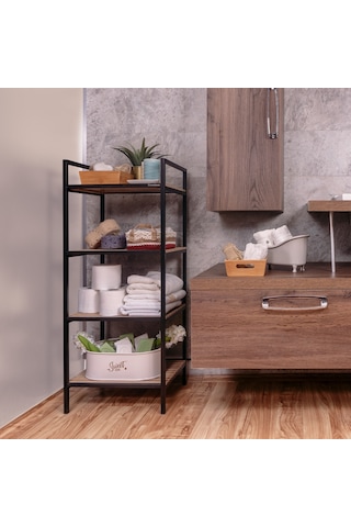 Ahşap Dekoratif Açık Banyo Dolabı Havluluk Sabunluk Çok Amaçl Raf Siyah