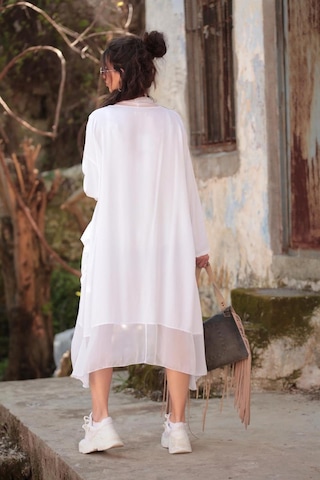 Bohem Stil Italyan Ipek Detaylı Oversize Kaftan & Bluz-8711 Beyaz