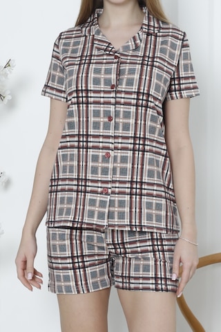 Kadın Düğmeli Şortlu Pijama Takımı Ekoseli Pamuklu Likralı Cepli Mürdüm Nıc1078 R14 Mürdüm
