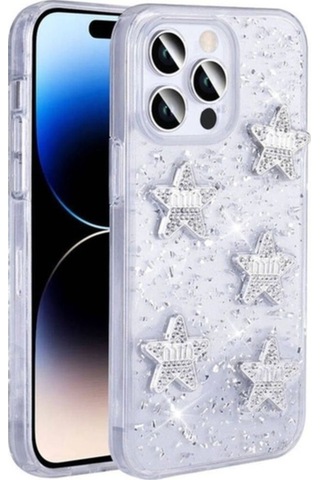 Apple Uyumlu iPhone 14 Pro Max Kılıf Airbagli Simli Arka Yüzey Zore Işıltı Silikon Kapak Beyaz-yıldız