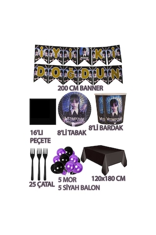 8 Kişilik Wednesday Tabak, Bardak Yazı Balon Seti, Addams Wednesday Parti Doğum Günü Parti Süsleri