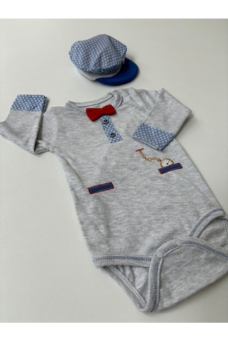 Pamuklu 3'lü Mavi Erkek Bebek Takım - Papyonlu & Uzun Kollu Yenidoğan Bebek Takımları gri Gri