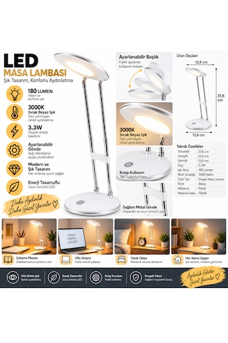 Led Masa Lambası 3.3w 180 Lumen 3000k Sıcak Beyaz Ayarlanabilir Başlıklı Çalışma Ve Ders Lambası