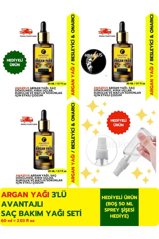 Amazeus Argan Yağı 3'lü %100 Saf Ve Doğal-soğuk Pres Besleyici Etki 3x20 Ml / 2.03 Fl Oz