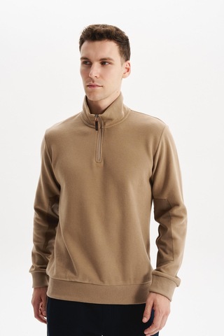 Arma Erkek Pamuk Polyester Karışımlı Selanik Kumaş Yarım Fermuar Dik Yaka Sweatshirt Kazak K30404698002 Bej - Gri