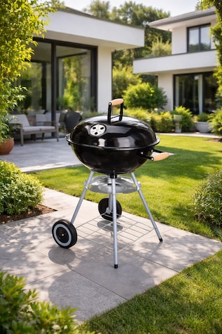 Yuvarlak Kömürlü Mangal Ahşap Kulplu Tekerlekli Mangal 44 Cm