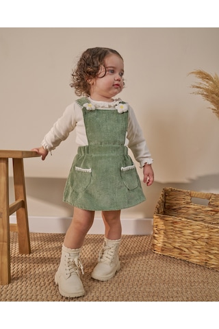 Noble Kids Yeşil Papatya Detaylı Kız Bebek Salopet İkili Takım - 9 Ay-3 Yaş Yeşil
