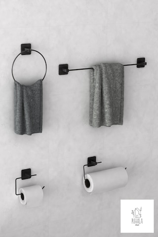 Siyah Yapışkanlı 4 Lü Banyo Seti Uzun Havluluk Yuvarlak Havluluk Kağıt Havluluk Wc Tuvalet Kağıtlığı Siyah