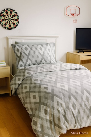 Zigzag Desenli Gri Pamuklu Tek Kişilik Nevresim Takımı Mavi