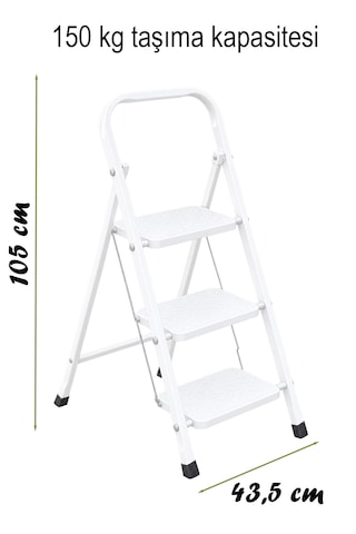 Perilla Class 3 Basamaklı Kaymaz Tabanlı Katlanır Metal Merdiven - Ekstra Güçlü Beyaz 101-150cm Arası