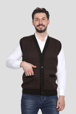 Kzc Tekstil Erkek Baba Orta Yaş Ve Üzeri Triko Örgü Akrilik Kışlık Kalın Dokulu Düğmeli Cepli Baba Yelek Kahverengi