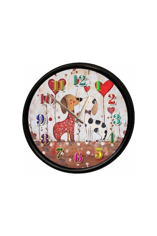 Aşk Temalı Sevimli Köpekler Dekoratif Duvar Saati 28 Cm Sessiz Mekanizma Çok Renkli