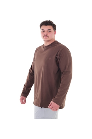 Erkek 115-155 Kilo Arası İçin Uygun Uzun Kol Bisiklet Yaka Mevsimlik Düz Renk İnce Sweatshirt Kahverengi