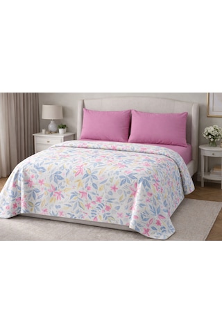 Faralya Life Baskılı Çift Kişilik Pike Takımı 200x220 Cm Pike 240x260 Çarşaf 2 Adet 50x70 Yastık Kılıfı %100 Pamuk Yumuşak Dokulu Yatak Örtüsü Seti Pembe