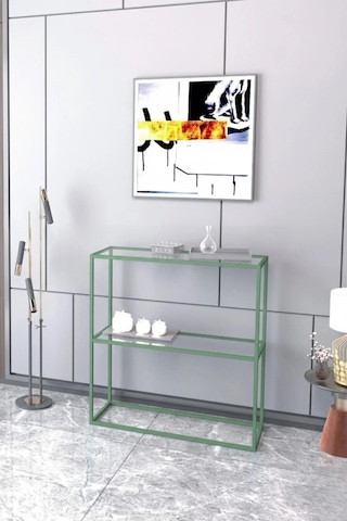 Berra Camlı Metal Dresuar Dekoratif Raflı Kahve Köşesi Konsol - Mint Yeşili Mint Yeşil