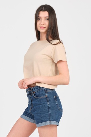 As Collection Bej Bisiklet Yaka Kısa Kol Örme Kadın Crop Bej