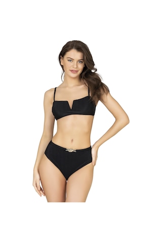 Endeep Kadın Aksesuarlı Yüksek Bel Dokulu Siyah Bikini Takımı Siyah