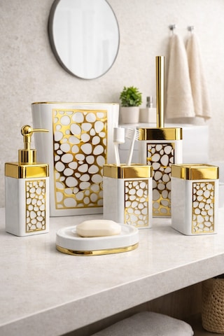 Arvale Pleksi Gold Detaylı 5 Li Banyo Aksesuar Seti Beyaz