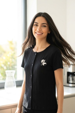 Aura Collections Kadın Ayıcık Desenli Bambu Viskon Kısa Kollu Soft Örme Pijama Takımı Siyah