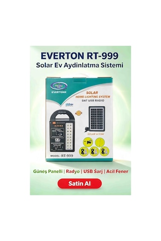 Everton Rt 999 Güneş Enerjili Solar Aydınlatma Seti Radyolu Usb Şarjlı Led Fenerli 3 Ampullü