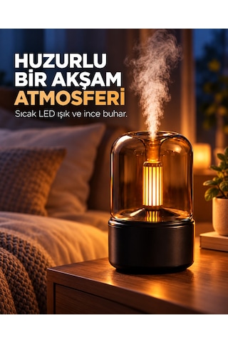 Mum Alevi Efektli Aroma Difüzör Dekoratif Hava Nemlendirici Sıcak Işıklı Dokunmatik Tuşlu Masaüstü Buhar Makinesi Siyah