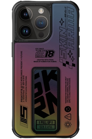 Apple Uyumlu iPhone 15 Pro Kılıf Skinarma Holografik Standlı Deri Görünümlü Kira Kobai Kapak Colorful