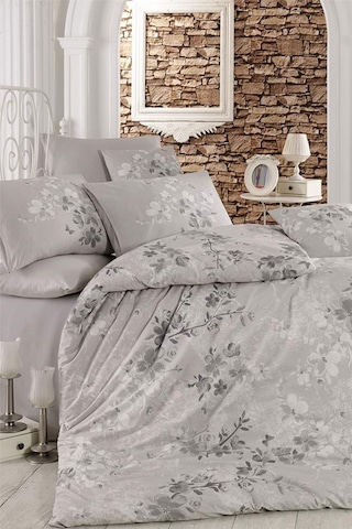 Çift Kişilik Nevresim Takımı Pamuklu Gümüş Çiçek Gri