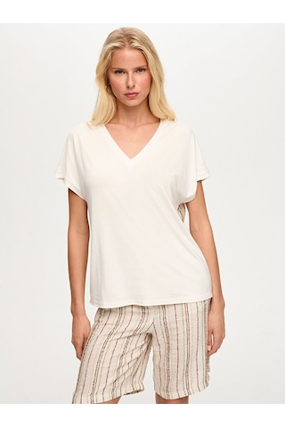 Faik Sönmez Resort Arkası Çizgili Dokuma Garnili V Yaka Tshirt S26tsh115 Us26tsh11573 Ekru