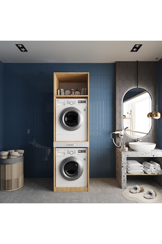 Piramit Çamaşır Ve Kurutma Makinesi Dolabı Banyo Dolabı Meşe Beyaz Beyaz - Meşe