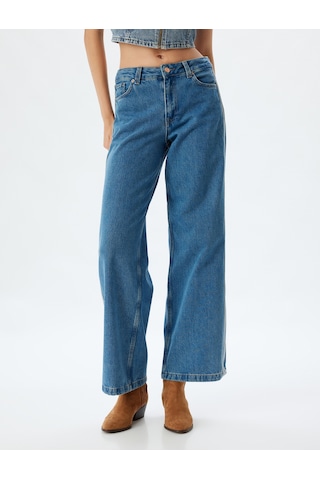 Koton Geniş Paça Kot Pantolon Bol Kalıp Şerit Detaylı Düğmeli Cepli - Wide Leg Jean Orta İndigo 5wal40096md İndigo