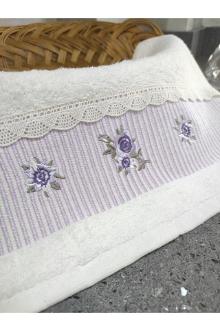 %100 Pamuk & Nakışlı Havlu Takımı - 2'li Dantelli Havlu Seti - 40x60 Cm Lila Lila