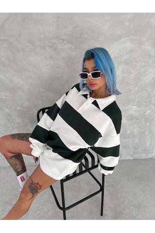 De'charme Unisex Üç İplik Parçalı Yakalı Sweatshirt - Yeşil