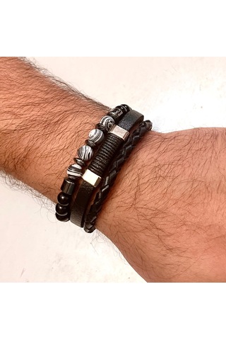 %100 Deri&hematit 3lü Erkek Bileklik Set 22 Cm Türk El Yapımı