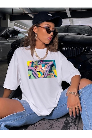 Kadın Beyaz Oversize Pamuk Baskılı T-shirt Beyaz