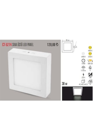 Cata Ct-5274 30 Watt 28X28 Sıva Üstü Led Armatür Metal Kare (470950522) Beyaz