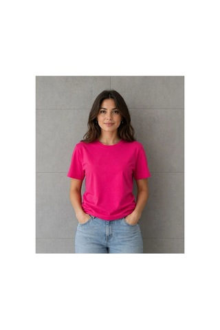Butik İstanbul Basic Pamuklu Tişört Bisiklet Yaka Düz Renk Relaxed Fit T-shirt - Fuşya