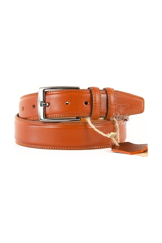 Hakiki Deri Erkek Kemer 3,5cm Dikişli Taba Klasik Kumaş Pantolon Taba