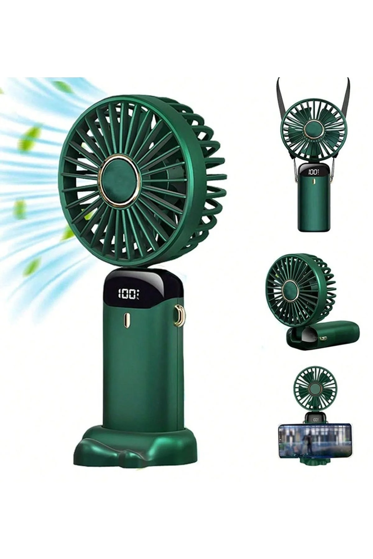 Mini Klima 5 Kademeli Şarjlı Taşınabilir Dijital Led Göstergeli El Fanı Vantilatör Yeşil