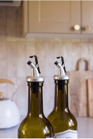 2'li 1000 Ml Cam Yağlık Sirkelik Seti Kalın Cam Zeytinyağı & Ayçiçek Yağı Şişesi Sızdırmaz Kapaklı 2 Adet Top Ayaklı Bambu Altlıklı Dekoratif Mutfak Yağdanlığı Yeşil Yeşil