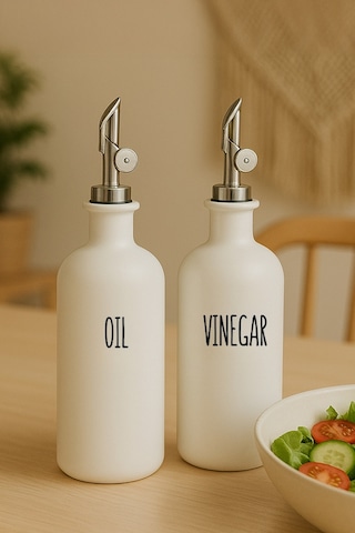 2'li Akıllı Otomatik Kapaklı Cam Yağlık Sirkelik Seti 500 Ml - Nordic Beyaz Yağdanlık Seti Beyaz