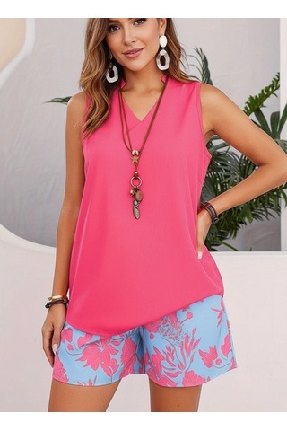 Efnaz Style Kadın Askılı V Yakalı Sandy Bluz Ve Desenli Short Ikili Takım Pembe