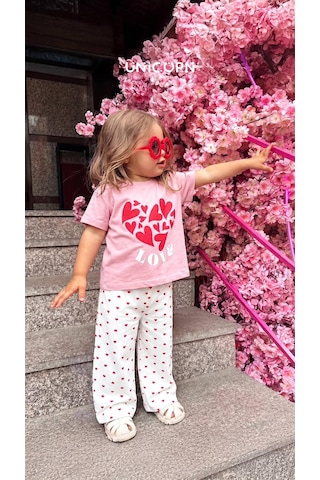 Baby Lory Kids Store Kız Çocuk Kalp Detaylı Pembe Takım Pembe - Beyaz