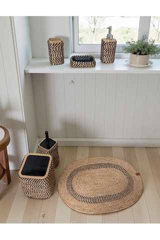 Doğal Dokulu Hasır Görünümlü 6 Parça Banyo Takımı Zarif Ve Modern Siyah