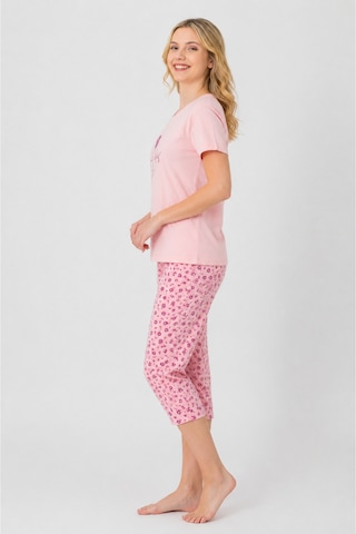 Pijamask Kadın Pembe Gül Baskılı Kısa Kollu Çiçek Desenli Kapri Pijama Takımı P100-839 Pembe
