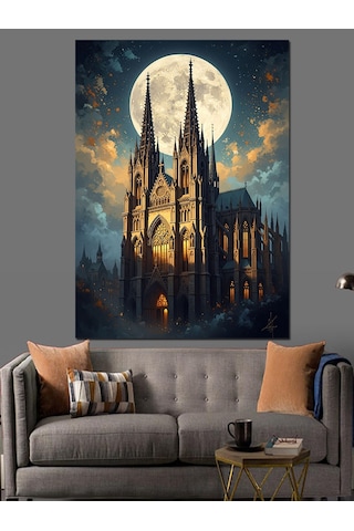 Gece Işıkları Altında Tarihi Katedral Dekoratif Kanvas - Mdf Ahşap Tablo
