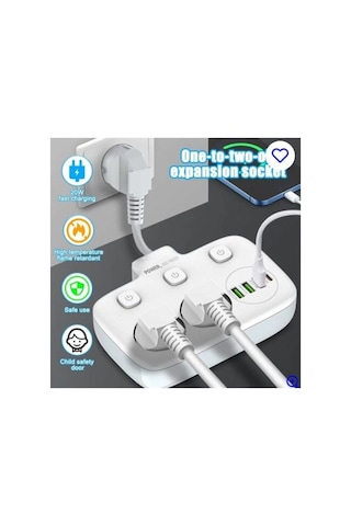 Akım Korumalı 2 Li Ayrı Anahtarlı Priz, 2x Priz, 3x Usb, 1x Type-c, 2 Mt Kablo, Hızlı Şarj 0-2