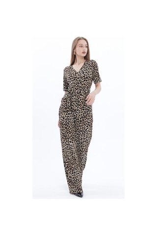 Kadın Krep Beli Kemerli Ve Fermuarlı Tulum-leopar Leopar