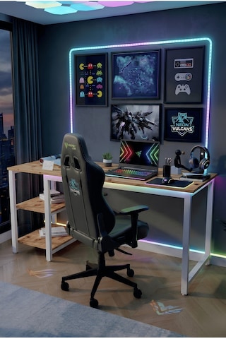 Reflekta Raflı Oyuncu Masası 60x160 Cm. Gaming Masa Demonte Atlantik Çam-beyaz